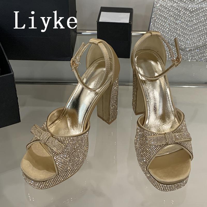 Fashion Liyke Summer Fashion Crystal Bowknot Open Toe Rhinestone Platform Sandals Women Silver High Heels Party Dress Shoe Zapatos Mujer