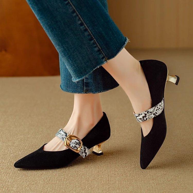 Small heel matte middle heel comfortable shallow mouth single shoes spring and autumn new pointed belt buckle Mary Jane