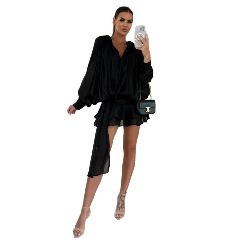 Chiffon-Langarmkleid Europäischer und Amerikanischer Sommer Neues Laternenärmel Schnürung Kurzer Rock Rüschen Blattkante Kleid