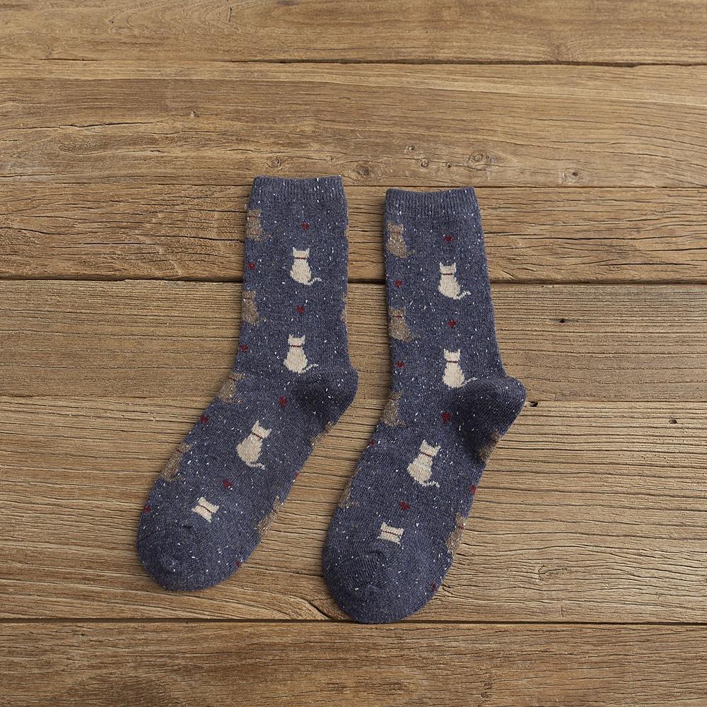 Women Socks Autumn And Winter Thicken Wool Middle Tube Socks Cute Cartoon Cat Printing Japanese College Style Loose Stockings
