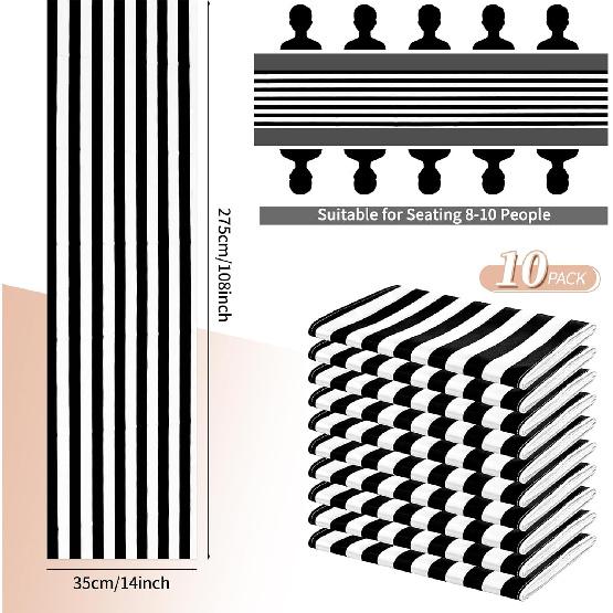 10 Pcs Striped Plastic Table Runner 14 X 108 Inch Black and White Disposable Table Runner for Birthday Parties Wedding Decorations Baby Shower Racing