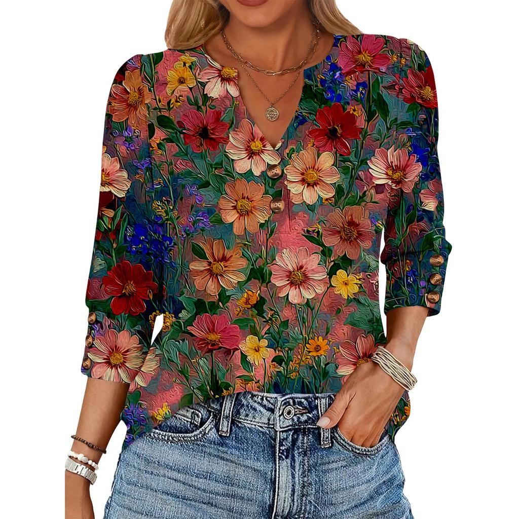 Women's Retro Printed Loose 7-inch Sleeve Top