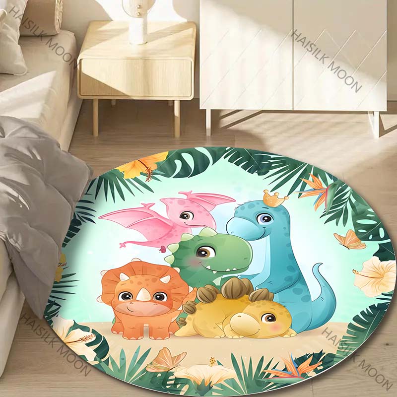 Multiple Sizes Cartoon Dinosaurs with Forest Background Print Round Carpet Living Room Bedroom Table Chair Sofa Decor Carpet