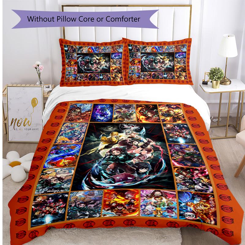 Demon Slayer Pattern Printed 3PCS Bedding Set, Soft Skin-Friendly Washable Duvet Cover & Pillowcases Set