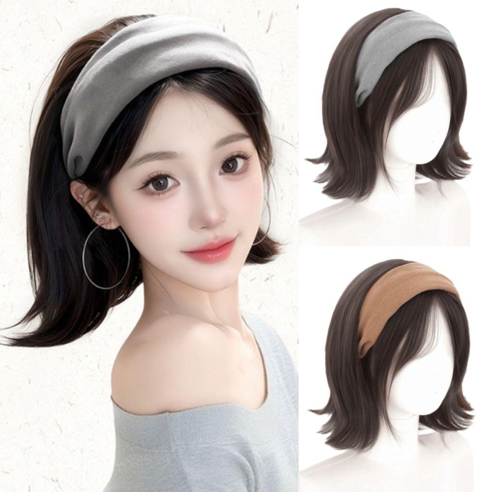 Korean Style Synthetic Wide Knit Headband Wigs Hair Hoop Short Wavy Bob Hair  Party