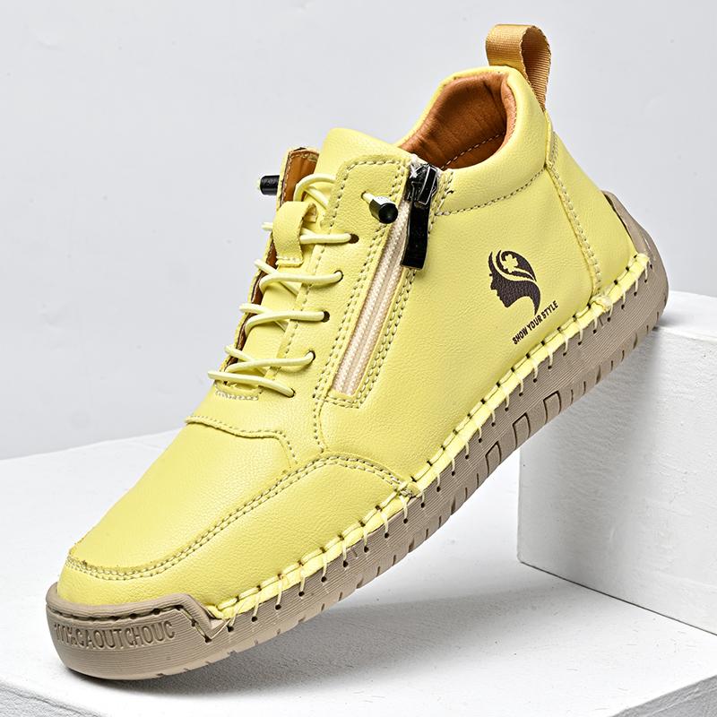 Women's Sneakers Round Toe Leather Shoes Fashion Casual Solid Color Zipper Boots