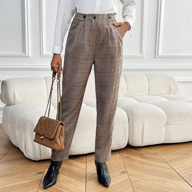 Grid Suit Trousers Women s Loose Straight Commuter Spring Summer Pants S коричневый