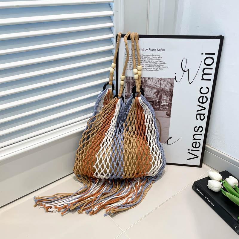 

Ленивая плетеная сумка-тоут с кисточками, портативная на плечо, ажурная, для пляжного отдыха, нишевая, для досуга, модная разноцветный