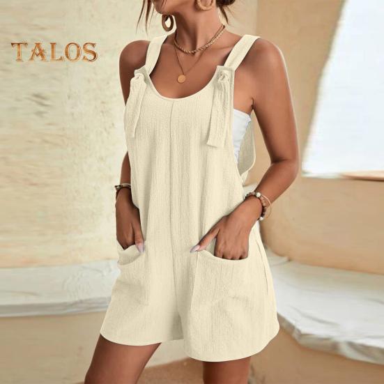 Macacão Feminino Sem Mangas Verão Casual Macacão Curto Solto de Algodão com Bolsos Roupas de Praia para Viagem Férias