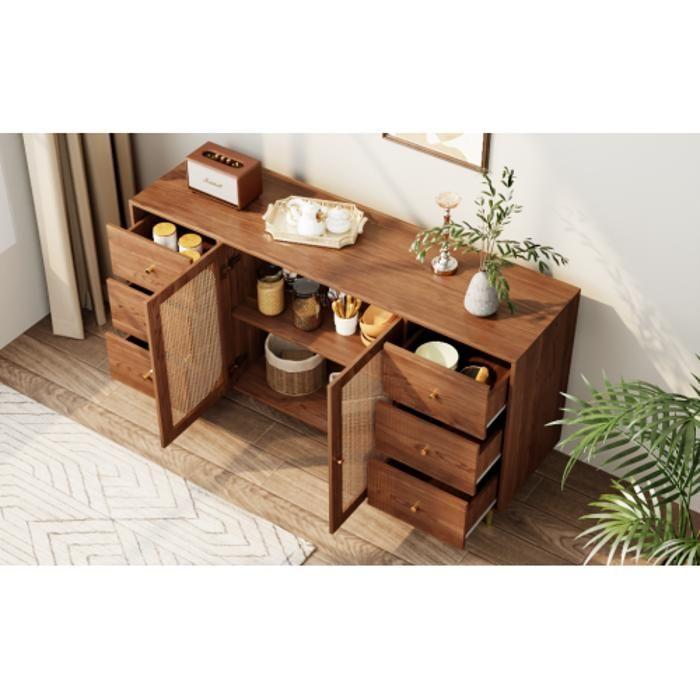 Buffet - MUVOE - 160 X 40 X 90 Cm - 2 Portes - 3 Tiroirs - Rotin Et Bois
