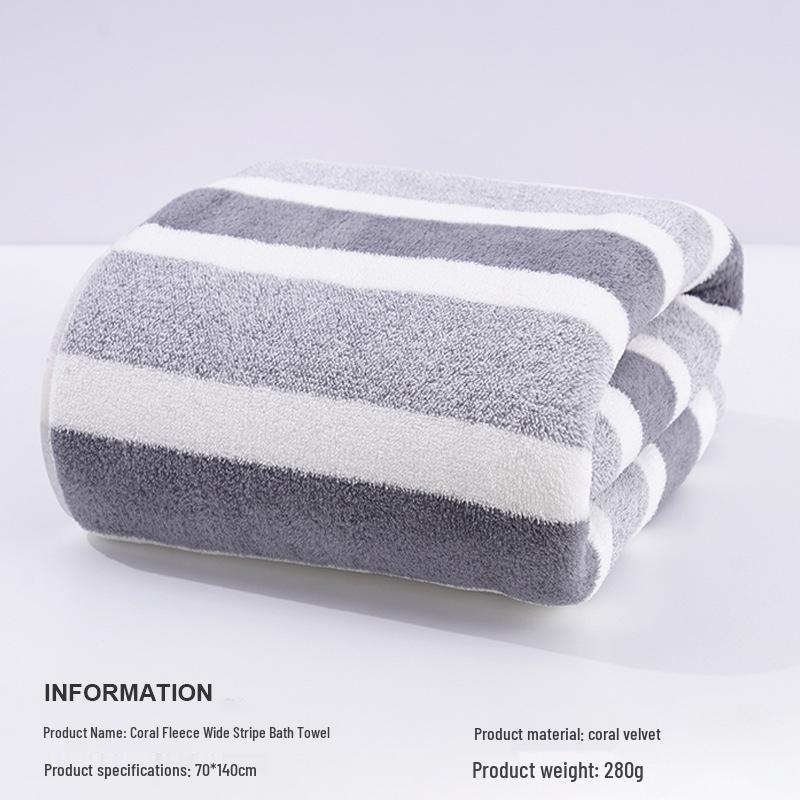 Temu Coral Fleece Quick-Drying Absorbent Bath Towel - Thick, Soft & Comfortable Striped Towel for Men & Women