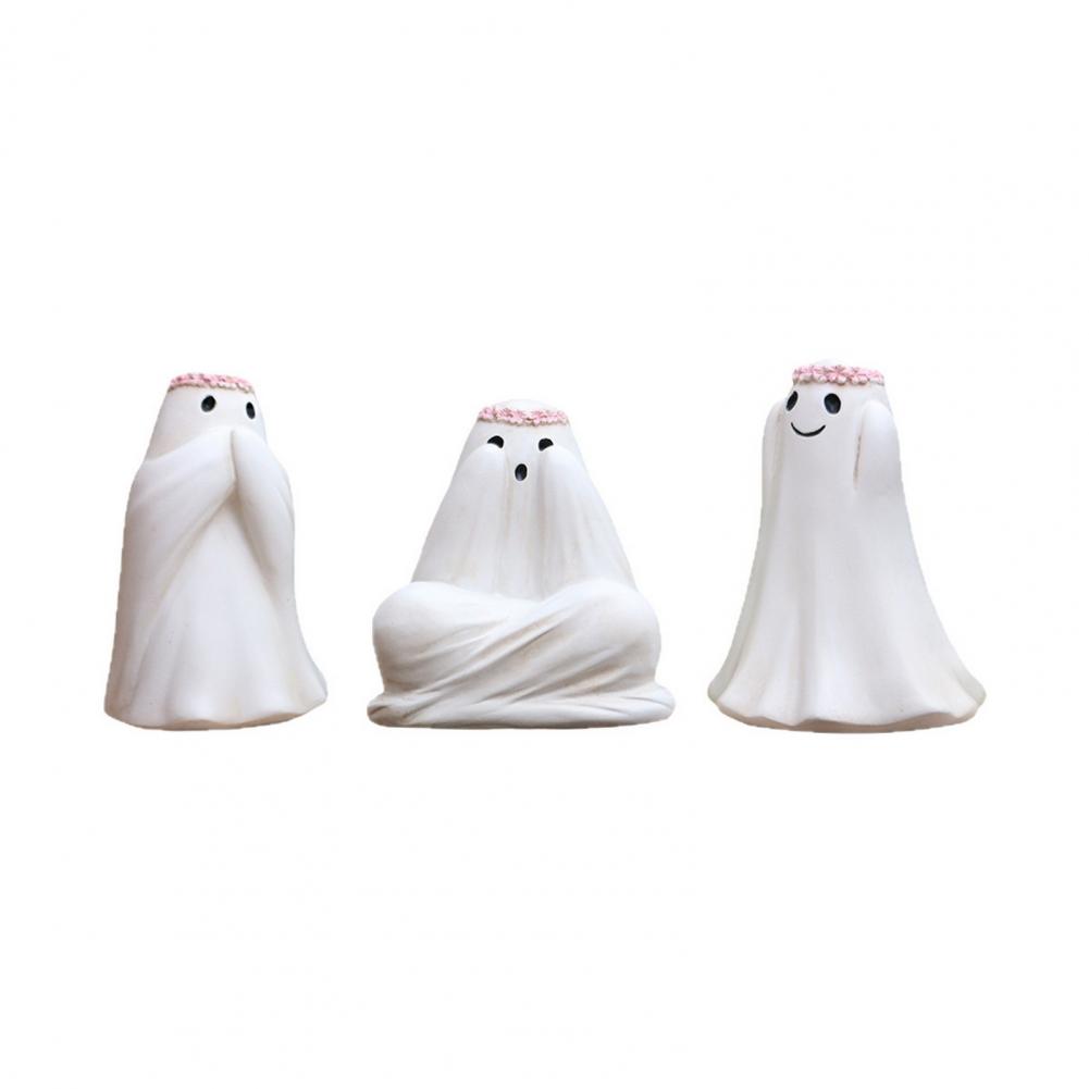 

3 Pcs Halloween Ghost Figurine Small White Ghost with Flower Crown Tiaras Tabletop Resin Ornaments for Home Office Cabinet Decor