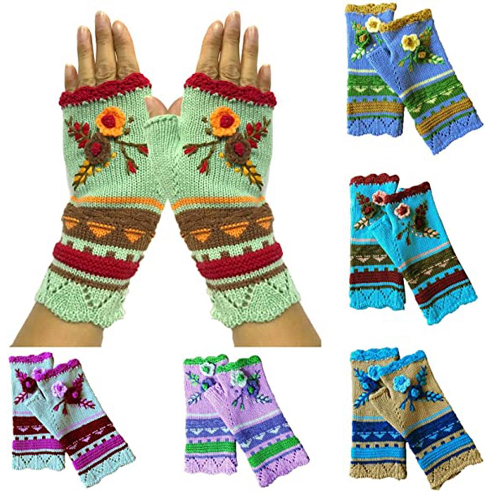 Vintage Multicolor Knitted Gloves with Floral Winter Warm Fingerless Gloves Knit Gloves for Girls Women
