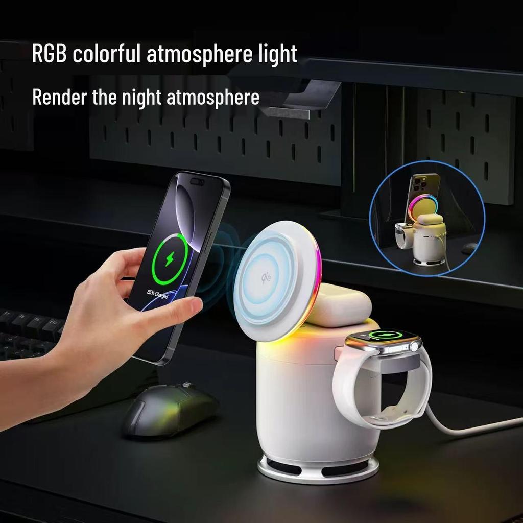 Multifunctional Bluetooth Speaker & Qi2 Certified Foldable 5-in-1 Magnetic Wireless Charger with Phone Charging