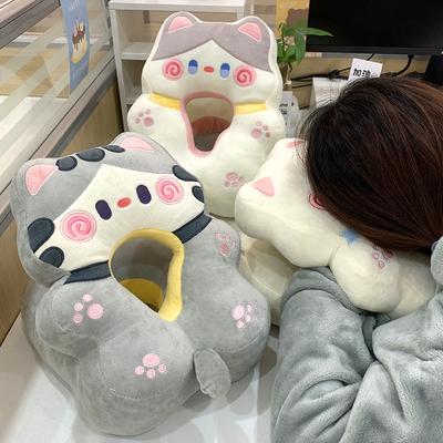 Cute Cat Nap Pillow Ice Silk Plush Throw Pillow Cuddle Cat Office Table Nap Artifact Waist Backrest Female