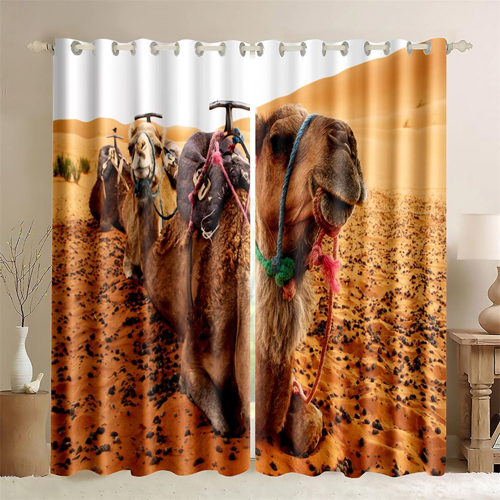 3D Camel Creative Curtains Desert Migration Shading 2 Panels Living Room Bedroom Balcony Kitchen Window Decorative Curtains