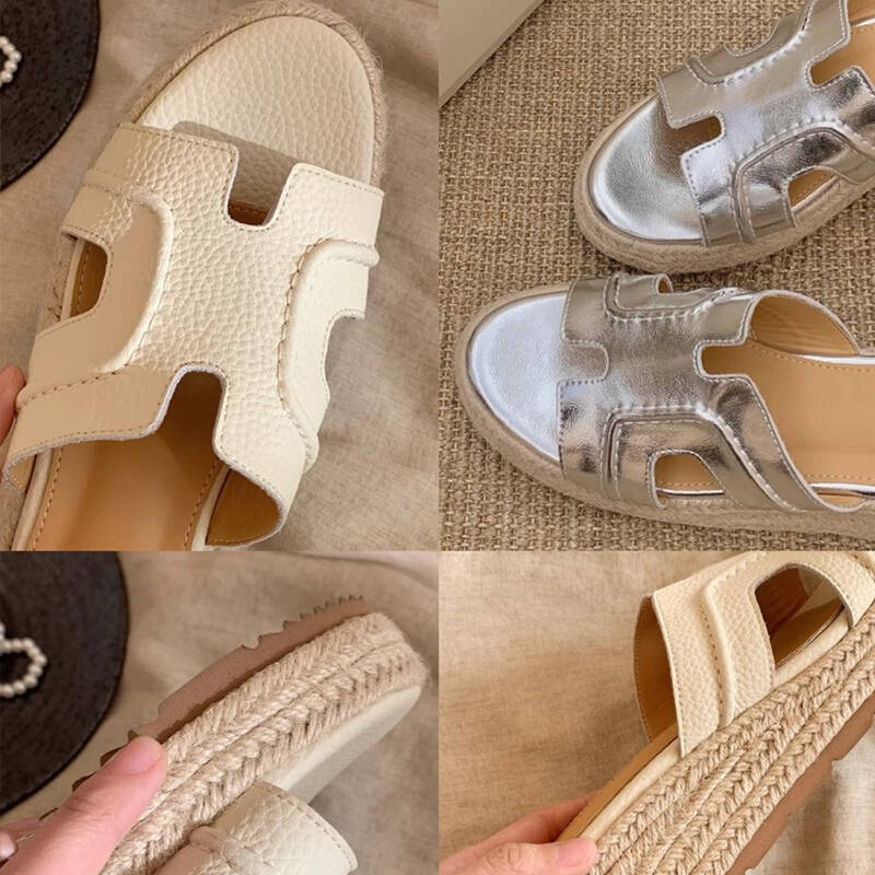 Height-increasing Ruth slippers women's summer straw woven one-word slope heel H cool slippers