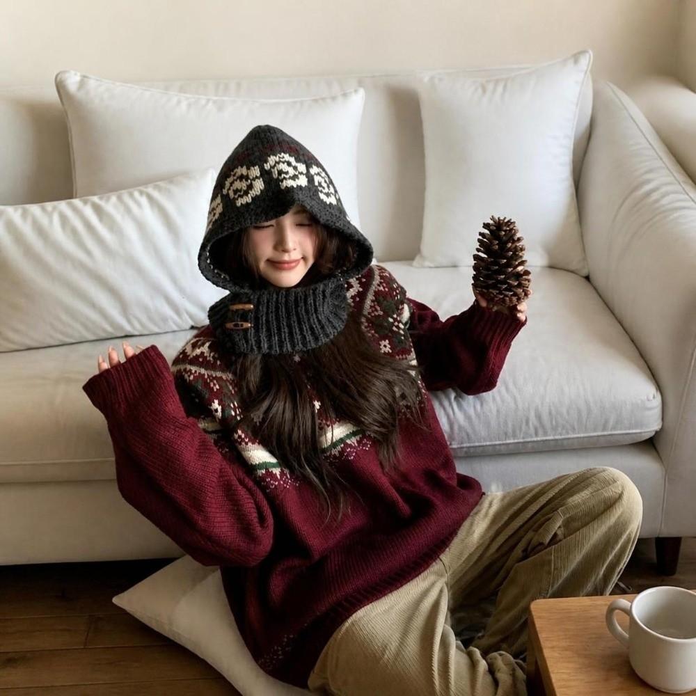 Ear Protection Knit Balaclava Warm Hooded Beanie New Korean Balaclava Hat Women Girl
