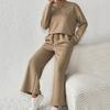 Yousheng 2 Pcs/Set Women Top Pants Suit Round Neck Long Sleeves Textured Solid Color Sweatshirt Elastic Waist Wide Leg Trousers Daily Wear Sport