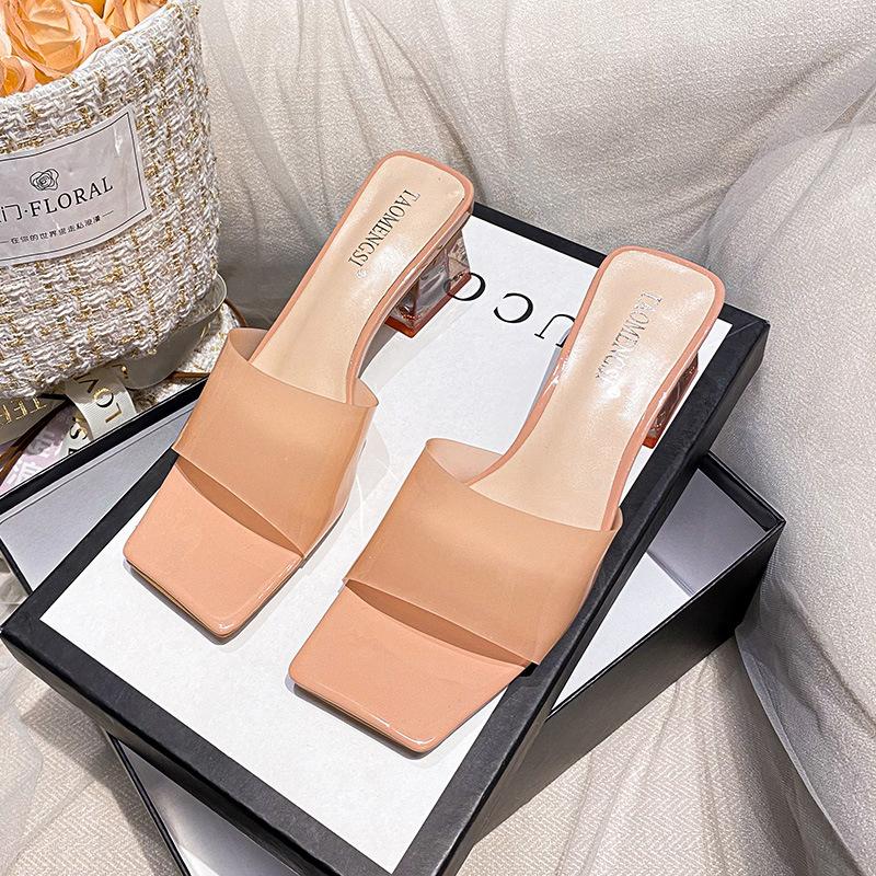 

YD- [] Crystal thick high heel thick bottom square head with open toe cool slippers female summer outside 34