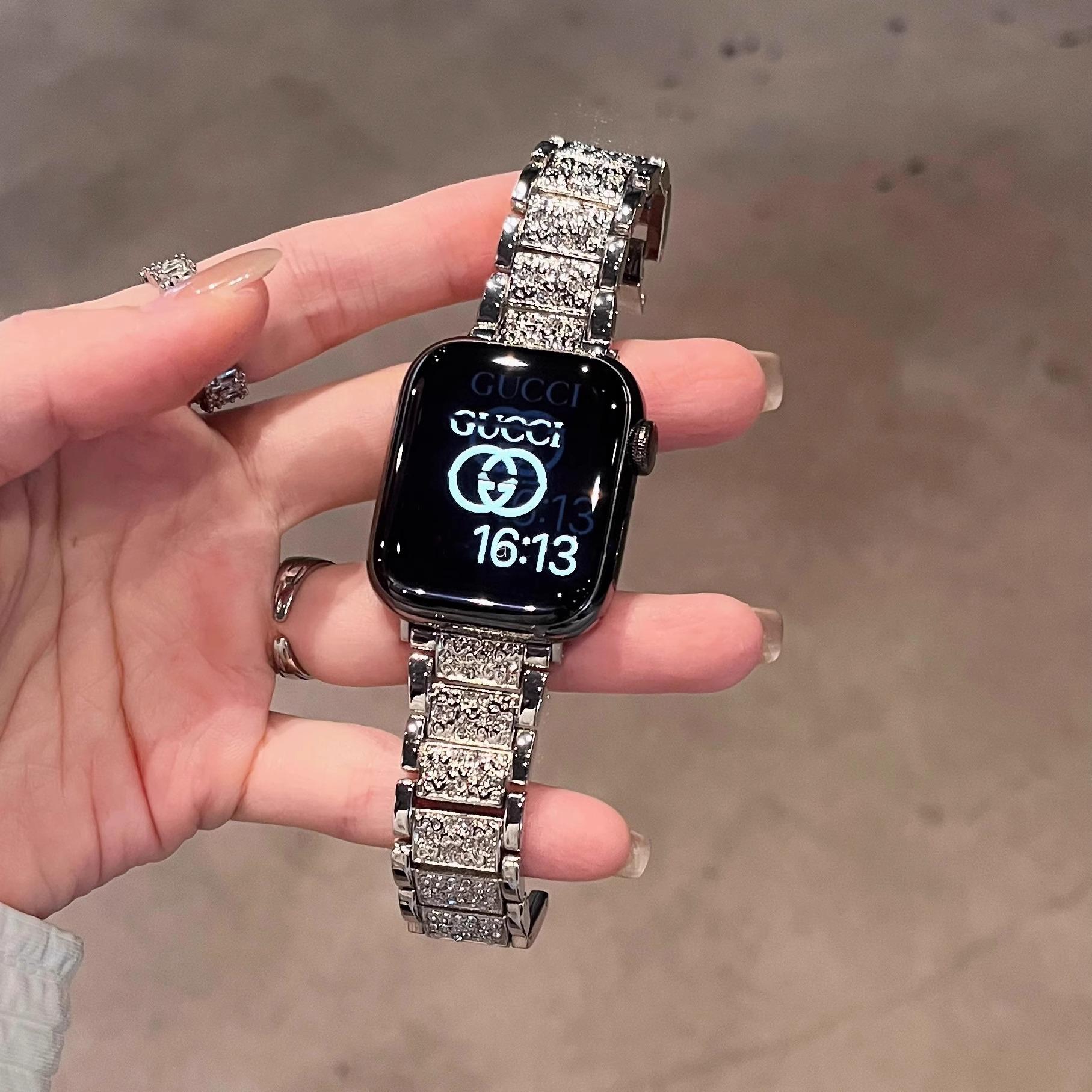 

Совместимый металлический ремешок для часов с бриллиантами для Apple iWatch S10, Huawei GT345 и Xiaomi 89Pro Redmi 14mm Slim without Connector серебряный