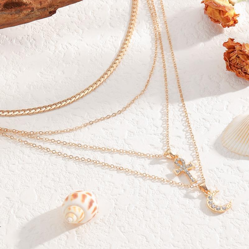 Sweater chain Long jewelry Easter cross pendant Personalized moon Multi-layer collarbone chain