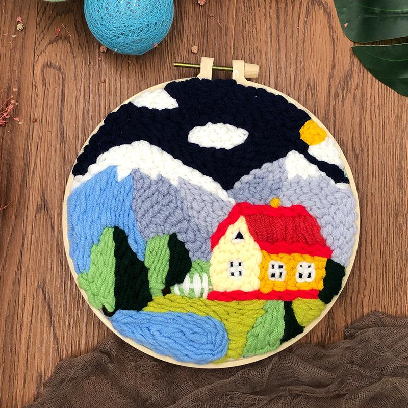 DIY-Sticksets für Anfänger Sonnenblumenmuster Gestempeltes Punch-Needle-Set Landschaftsteppich Hakenkunst mit Stoff Garn Reifen