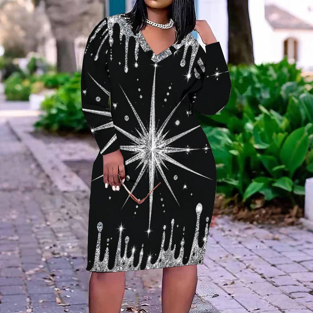 Women Plus Size V Neck Long Sleeve Black White Gray Printed Fitted Straight Hem Dress