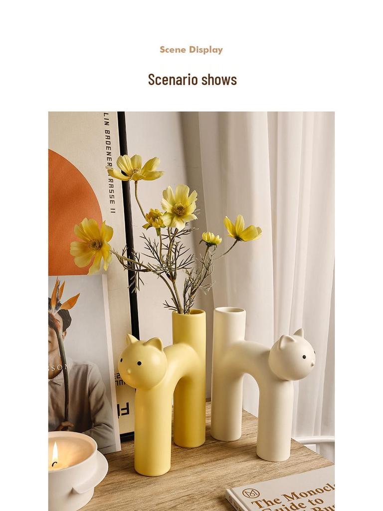 Nordic Cat Flower Vase Ornament - Cute Cream Style Decoration for Floral Arrangements
