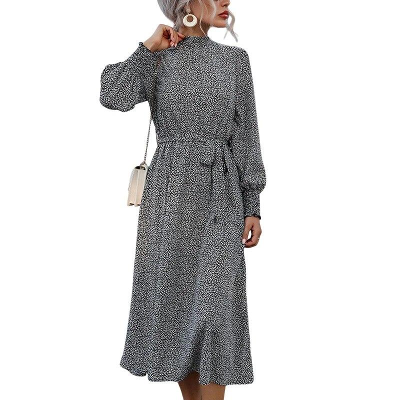 

Женское платье со змеиным принтом Водолазка с пышным воротником и длинными рукавами с завязкой на талии Платье макси Плиссированное платье трапециевидной формы Повседневное вечернее платье с леопардовым принтом S