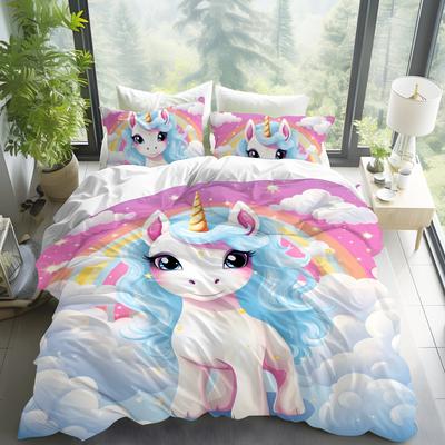 Dreamy Unicorn Duvet Cover Set Queen Size3 Pcs Rainbow Starry Sky Bedding Sets Pink Blue Unicorn Comforter Cover Set For Kids