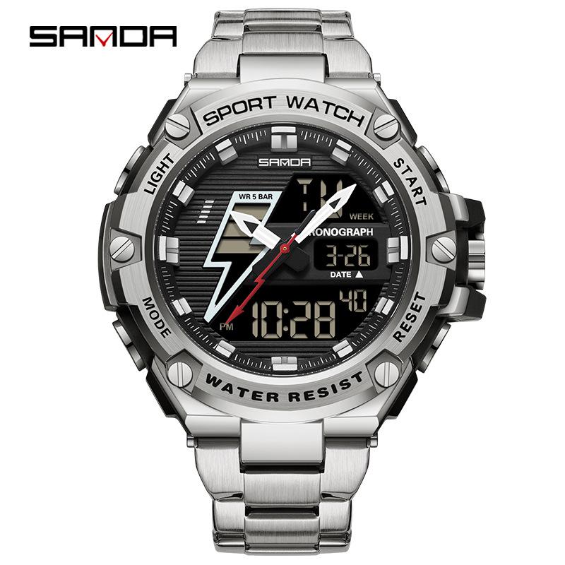 Sanda Men's Multifunctional Shockproof Waterproof Sport Watch with Alarm Clock and Black Technology.