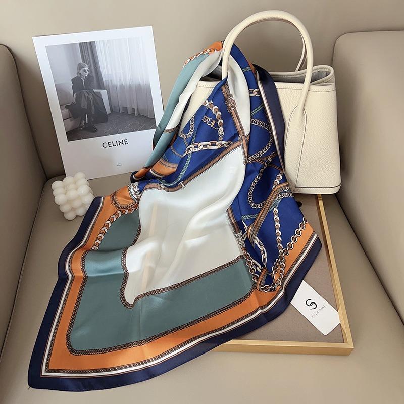

1pcs 70cm Color-blocked Four-square Grid Imitation Silk Square Scarf for Women Versatile Headwear Bag Clothing Accessories Scarf