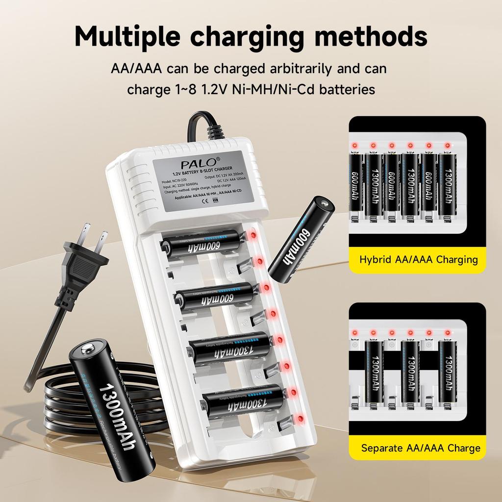 PALO 1.2V AA Ni-MH Battery 1300mah +AAA Rechargeable Batteries 600mah for Toy alarm clock with 8 slots Smart 2A 3A Battery Charger