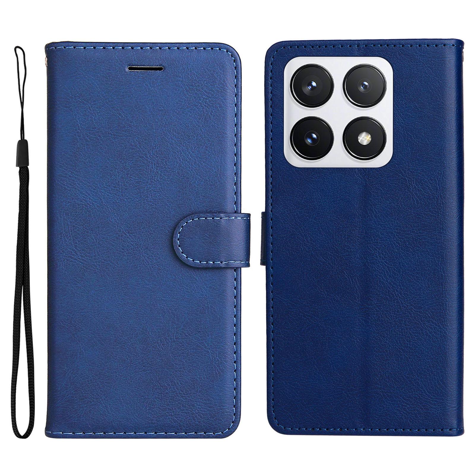 

For Xiaomi 14T Pro Case Solid Color Leather Mobile Cover Wallet Stand with Strap Blue