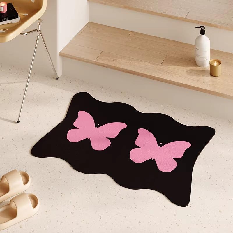 Absorbent Bathroom Carpet Non-slip Diatom Mud Floor Mat Sweet Cool Style Black Butterfly Rug Long Rugs Home Decoration Alfombra