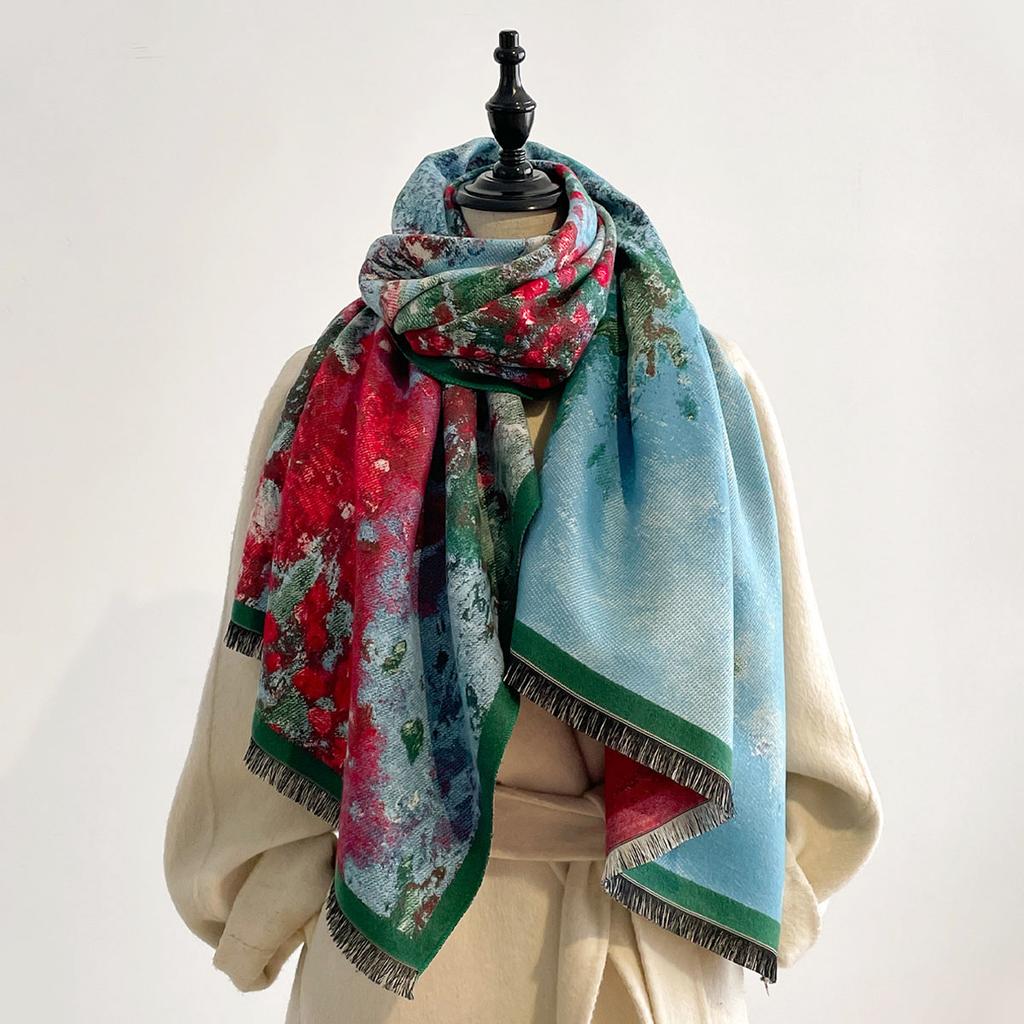 Luxury Winter Cashmere Double-Sided Design Scarf Women Warm Pashmina Blanket Poncho Scarves Female Oil Painting Shawl Bufanda