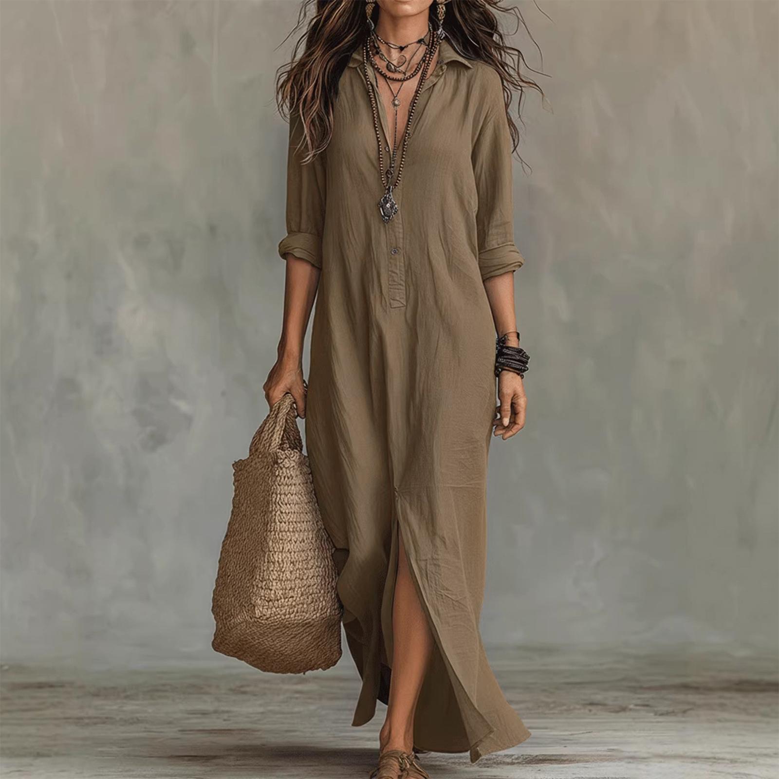 

Ladies Color Spring/summer Cross-border Casual Lapel Front Slit Long Skirt M