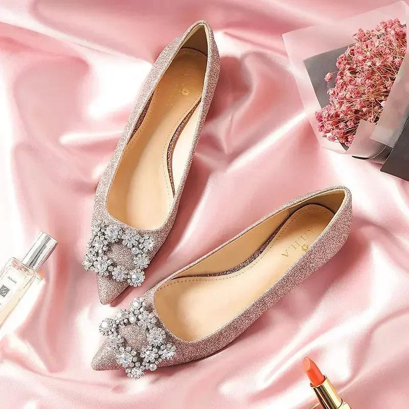 Wedding Shoes Woman Square Buckle Crystal Pointed Toe Flats Glitter Shallow Slip On Comfy Loafers Bling Bling