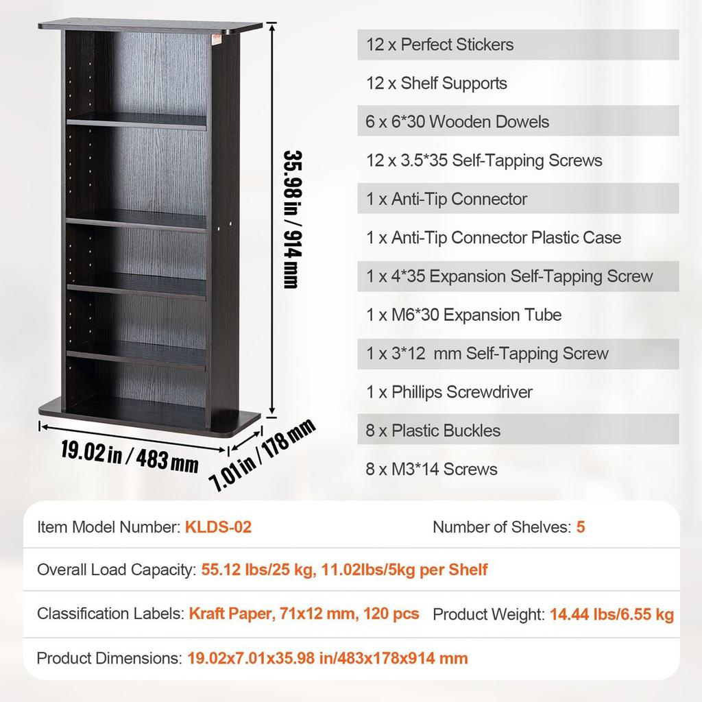 Media Storage Cabinet 5 Layers Adjustable DVD Shelves 240 CDs Espresso