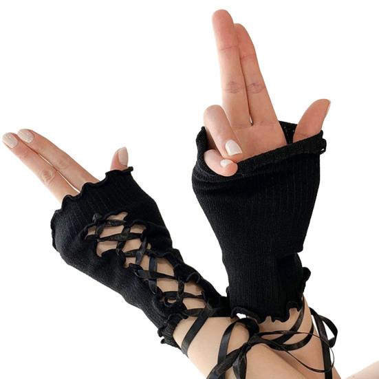 Women Retro Fingerless Gloves Gothic Lace Arm Sleeves with Straps Ruffled Lace-up Wrist Cuffs for Cosplay Prom Daily Wear