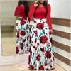 Herbst Windblumen-Print Farbblock Langarmkleid für Damen Damenkleid