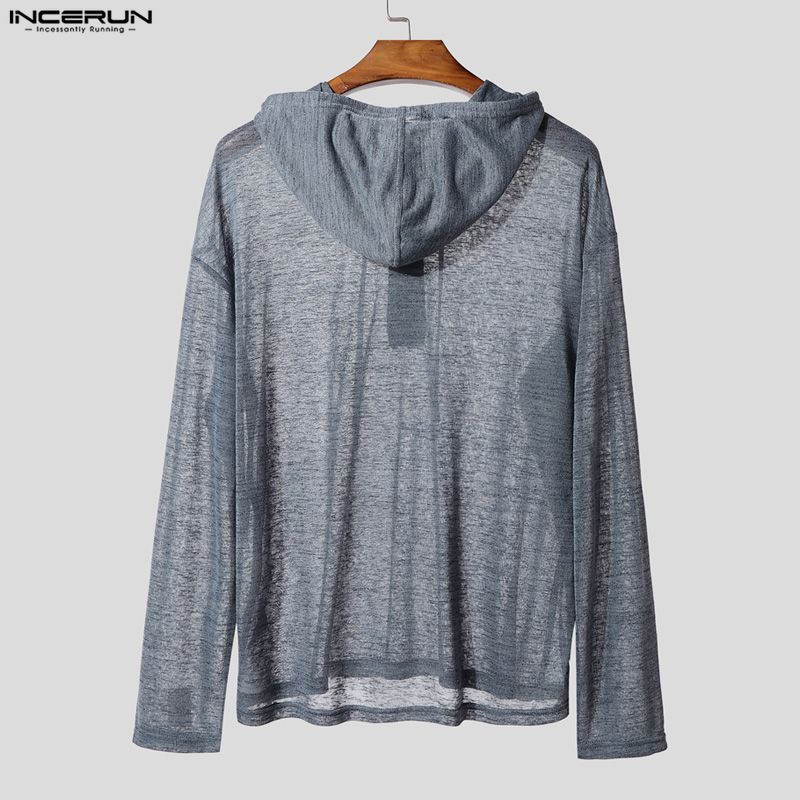 INCERUN Oversized Men Long Sleeve Transparent Loose Drawstring Hooded Tops T-shirts