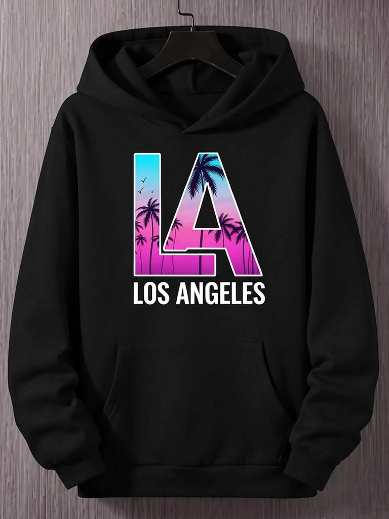 Men LA Los Angeles Sports Hoodie Gradient Palm Tree Sunset Print Black Oversized Pullover Streetwear Sweatshirt Autumn Winter