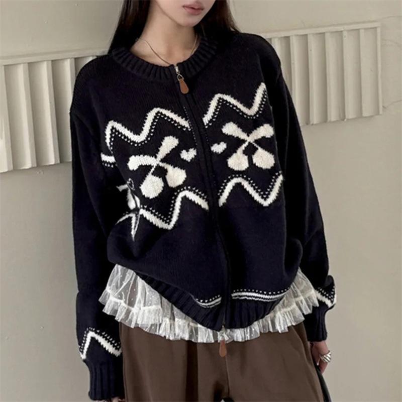 Women's Fair Isle Cashmere Jacquard Cardigan – Autumn/Winter, Thick, Round Neck, Zipper Wool Coat