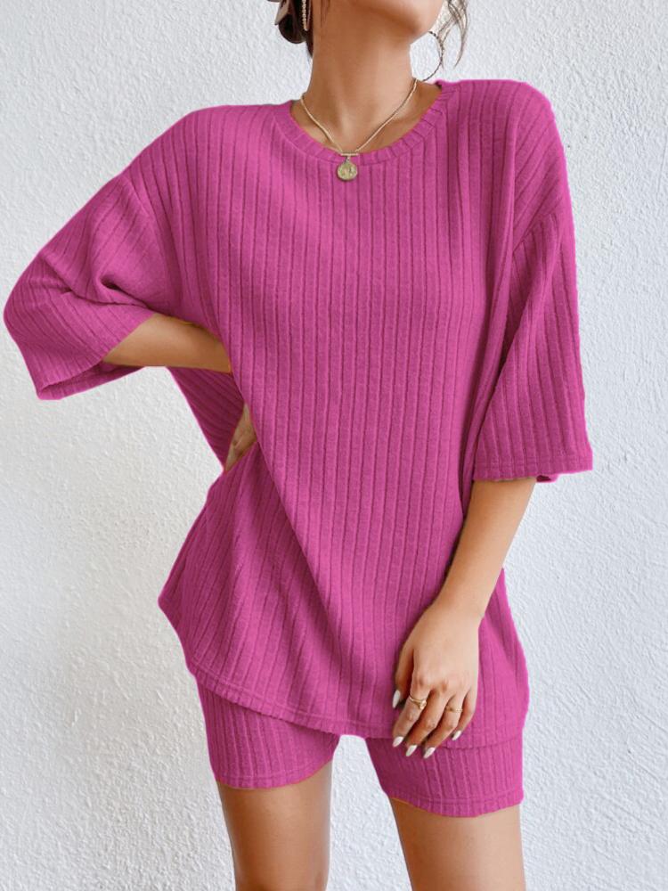 Fashion Casual Solid Color Spring Round Neck Loose Women's Shorts Set