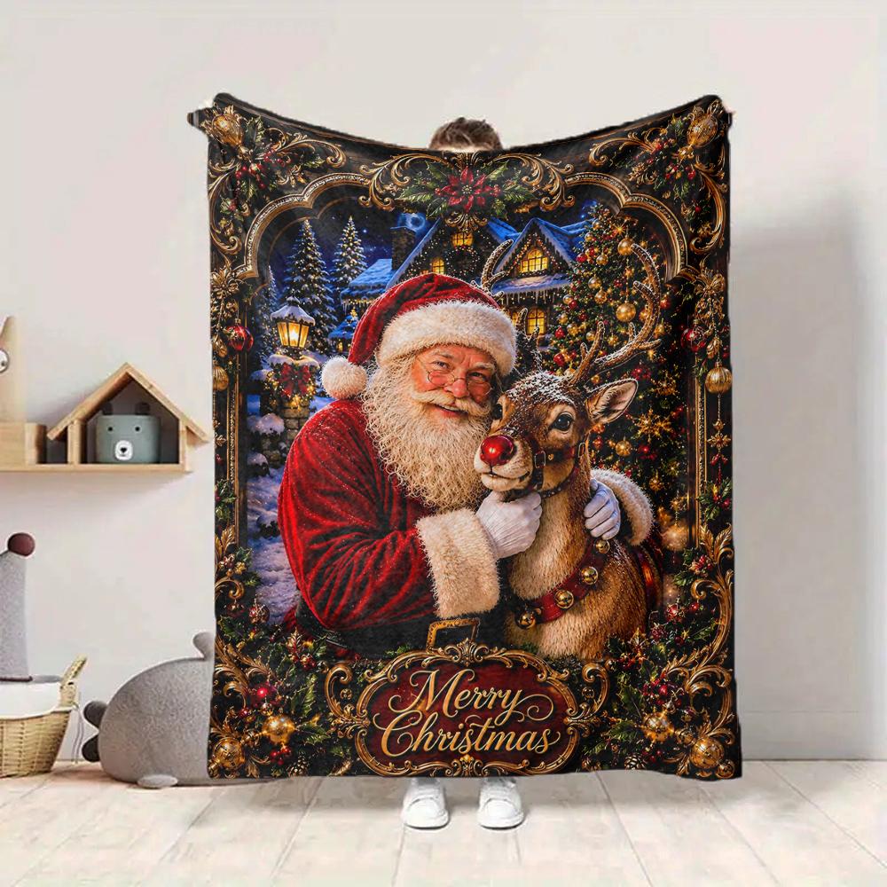 1Pc Christmas Santa Reindeer Blanket Soft And Comfortable Casual Warm Camping Travel Christmas Halloween Gift M91724