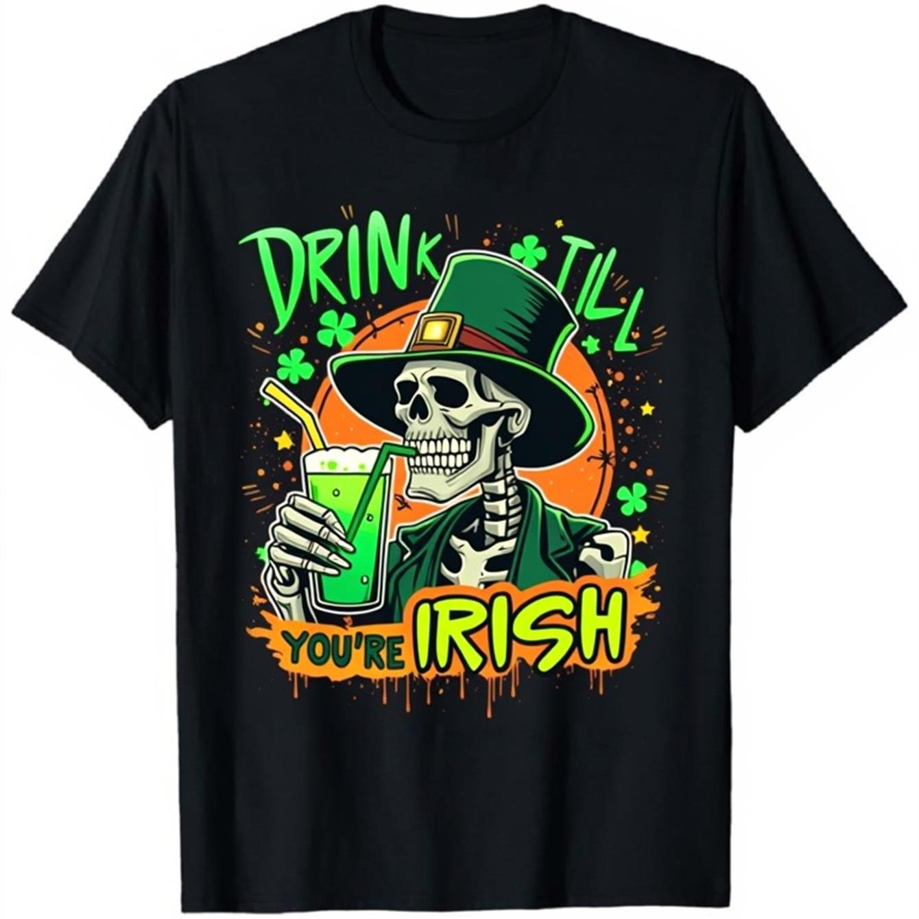 

Skeleton Drinking Green Beer St Patricks Day Graphic Tee Men Casual Cotton Crew Neck T-Shirt 4XL