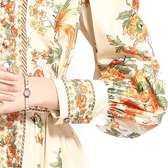 V-neck Dress Ethnic Style Printing Handmade Bag Buckle Embellishment Comfortable Breathable Long-sleeved Slim Autumn Long Skirt