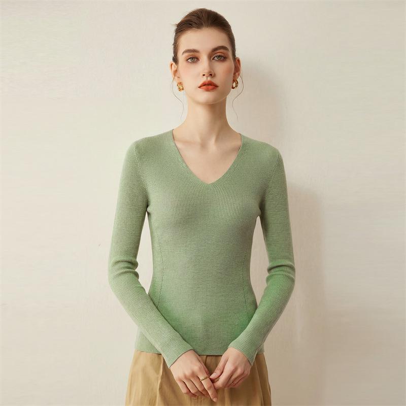 Women's Cross V-Neck Striped Wool Knit Pullover, Slim-Fit Base Layer for Autumn/Winter